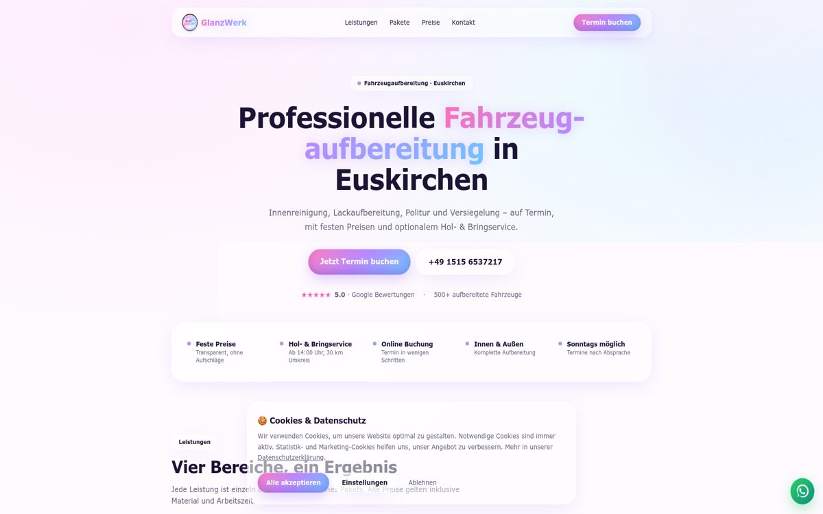 Startseite von Glanzwerk Euskirchen mit Fahrzeugaufbereitung und Paketpreisen