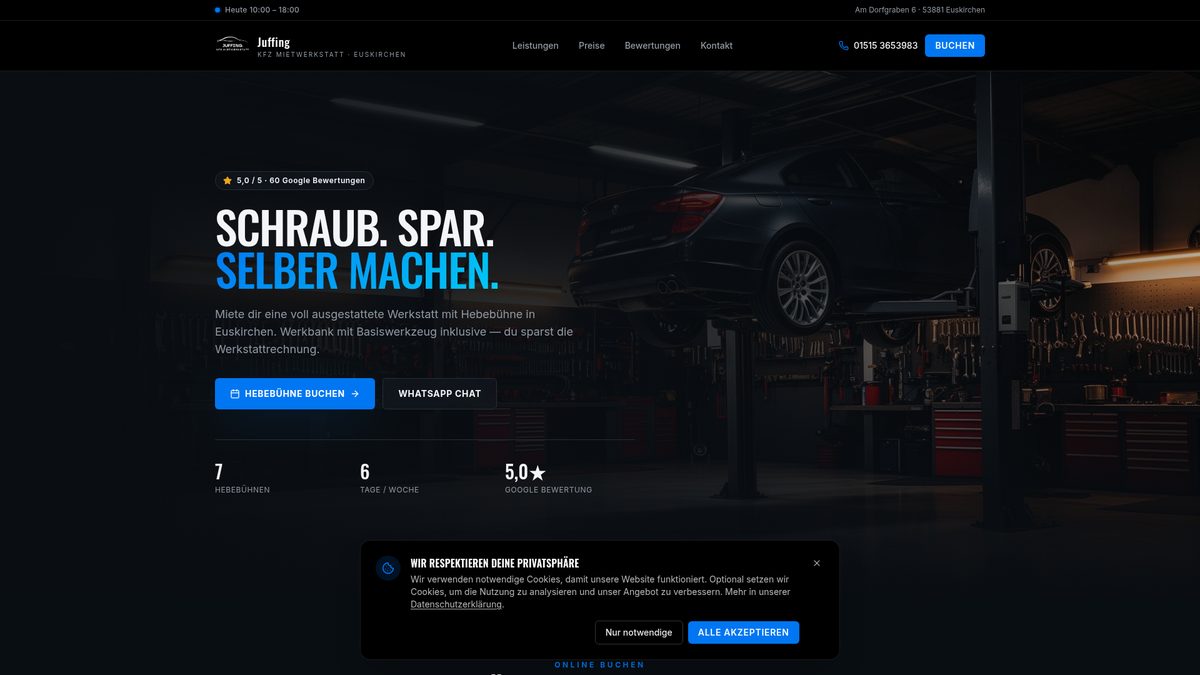 Startseite der KFZ Mietwerkstatt Euskirchen mit Hebebühnen-Buchung